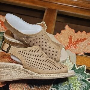 Easy Street Tan Perforated Wedge Sandals